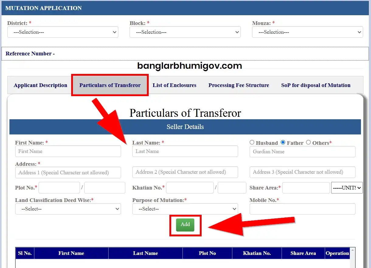 BanglarBhumi Land Mutation Application Particulars of Transferor 2025