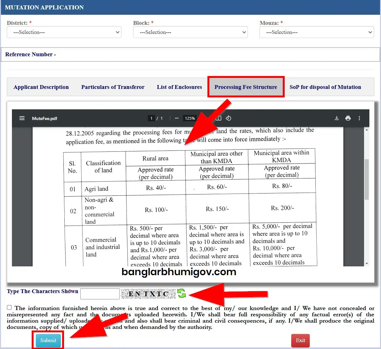 BanglarBhumi Mutation Application Processing Fee 2025