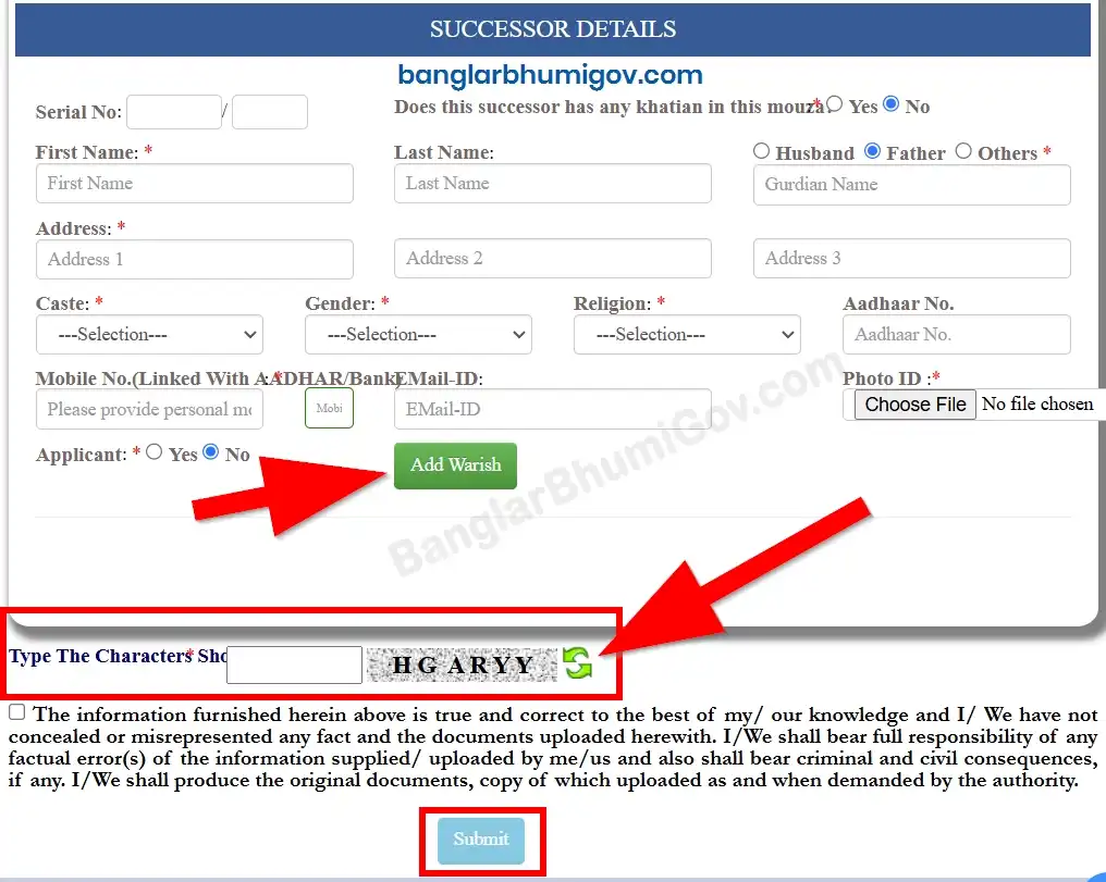 BanglarBhumi Warish Application Successor Details 2025